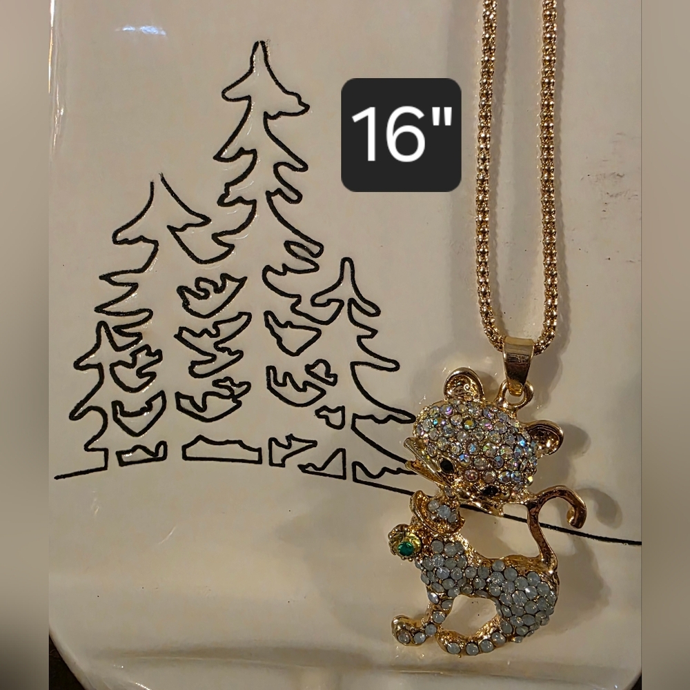 BETSY JOHNSON Gold Tone and Crystal Cat Pendant Necklace